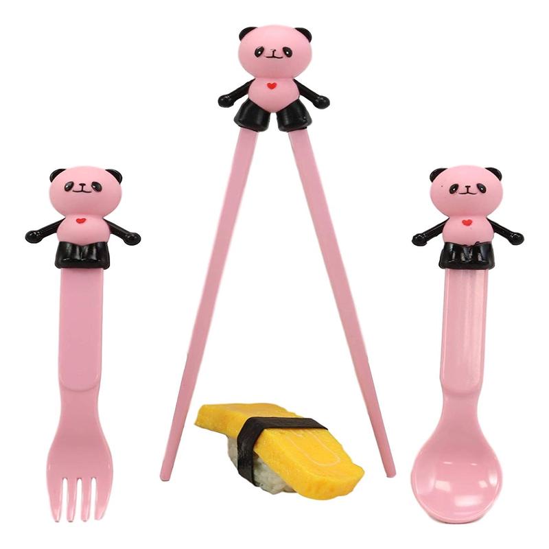 Ebros Gift Pink Panda With Heart Reusable Training Chopsticks With Animated Food Safe Silicone Helper Hinge Guide With Matching Spoon And Fork Set For Sushi Noodles Rice For Adults And Kids Gift Pack