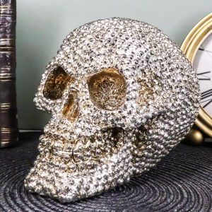 Ebros Gift Realistic Chrome Silver Bead Stone Bling Skull Figurine 6.25" L