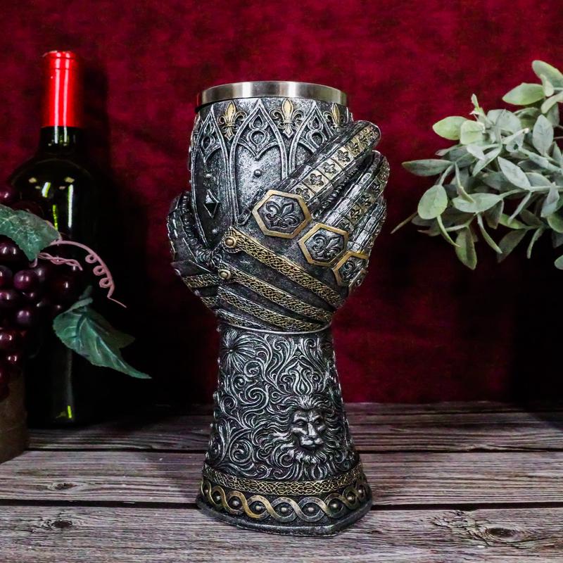Ebros Gift Royal Fleur De Lis Braveheart Lion Gauntlet 8.75"H 8oz Wine Drink Goblet Chalice Cup