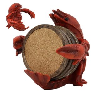 Ebros Gift Rustic Southwestern Cajun Creole Crawfish Coaster Set with 4 Round Cork Based Coasters 5" High Home Accent Crayfish Small Lobster Western Decorative Figurine