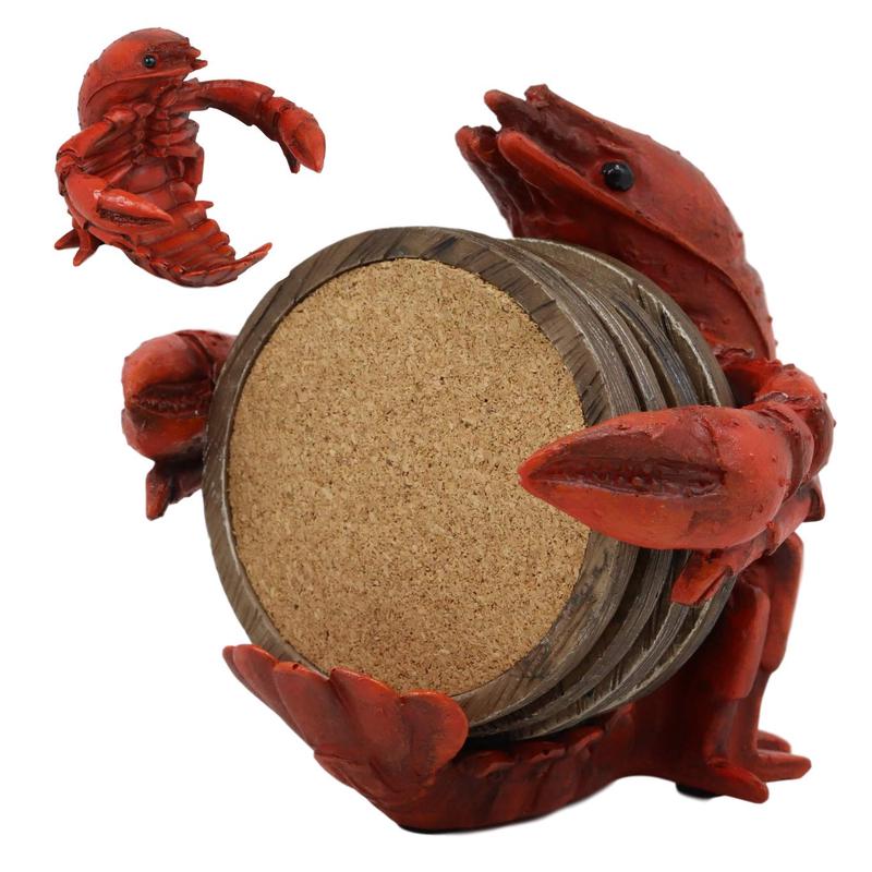 Ebros Gift Rustic Southwestern Cajun Creole Crawfish Coaster Set with 4 Round Cork Based Coasters 5" High Home Accent Crayfish Small Lobster Western Decorative Figurine