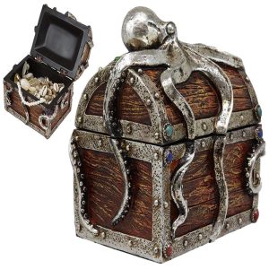Ebros Gift Silver Shimmer Alien Octopus Guarding Pirate Treasure Chest Box Trinket Box Figurine Nautical Coastal Ocean Decorative Jewelry Storage Keepsake (4.75" Wide Small)