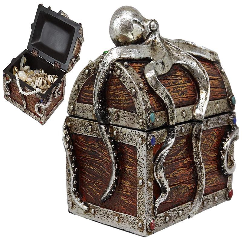 Ebros Gift Silver Shimmer Alien Octopus Guarding Pirate Treasure Chest Box Trinket Box Figurine Nautical Coastal Ocean Decorative Jewelry Storage Keepsake (6.25" Wide Medium)