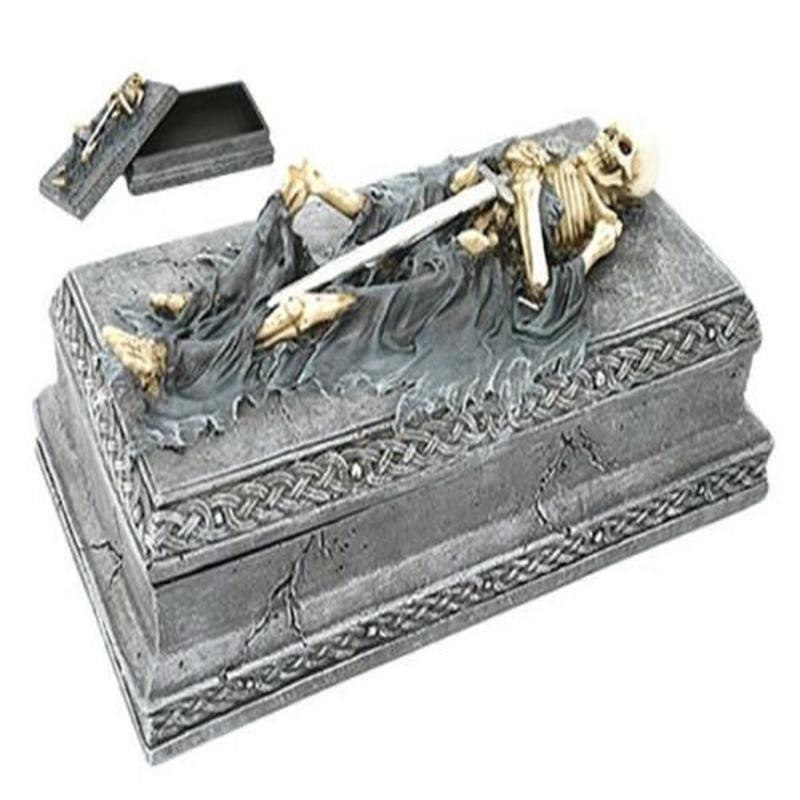 Ebros Gift Skeleton Swordsman Warrior Legendary Coffin Tomb Jewelry Box Treasure