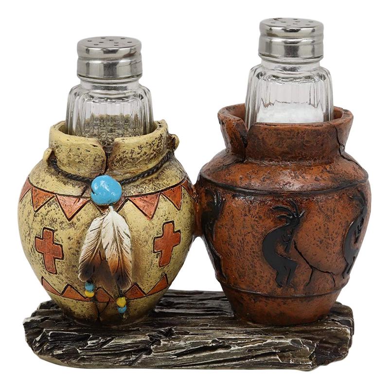 Ebros Gift Southwestern Native American Indian Hopi Kokopelli God and Turquoise Feathers Canister Jars Glass Salt and Pepper Shakers Holder Figurine Set 6.25" Wide Decorative Home and Kitchen Accent
