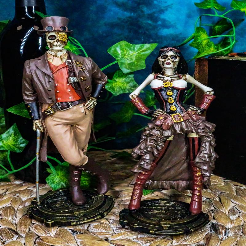 Ebros Gift Steampunk Skeleton Lady & Gentleman Couple Figurine Skeleton Detective Inspector Sculpture Set of 2