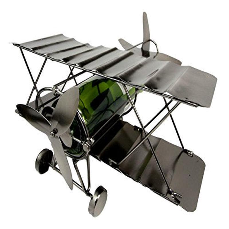 Ebros Single Piston Propeller Airplane Hand Made Metal Wine Bottle Holder 13"L