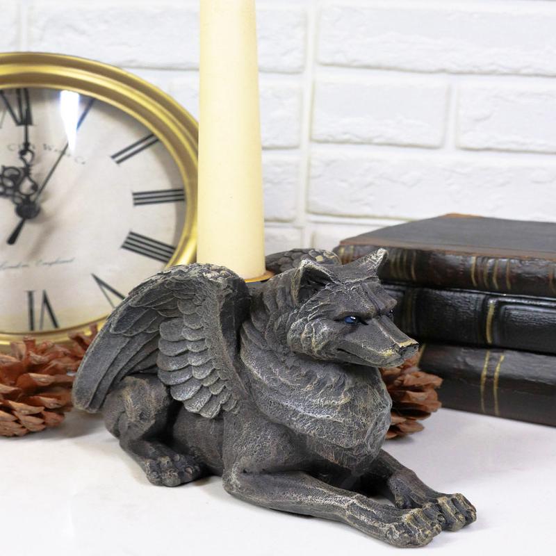 Ebros Stoic Guardian Winged Wolf Gargoyle Gothic Candleholder Figurine 6.5"L