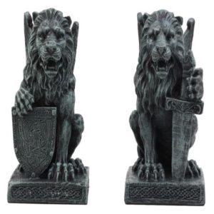 Ebros Stoic Notre Dame Roaring Lion Heart Sword & Shield Bearer Gargoyle Figurine Set