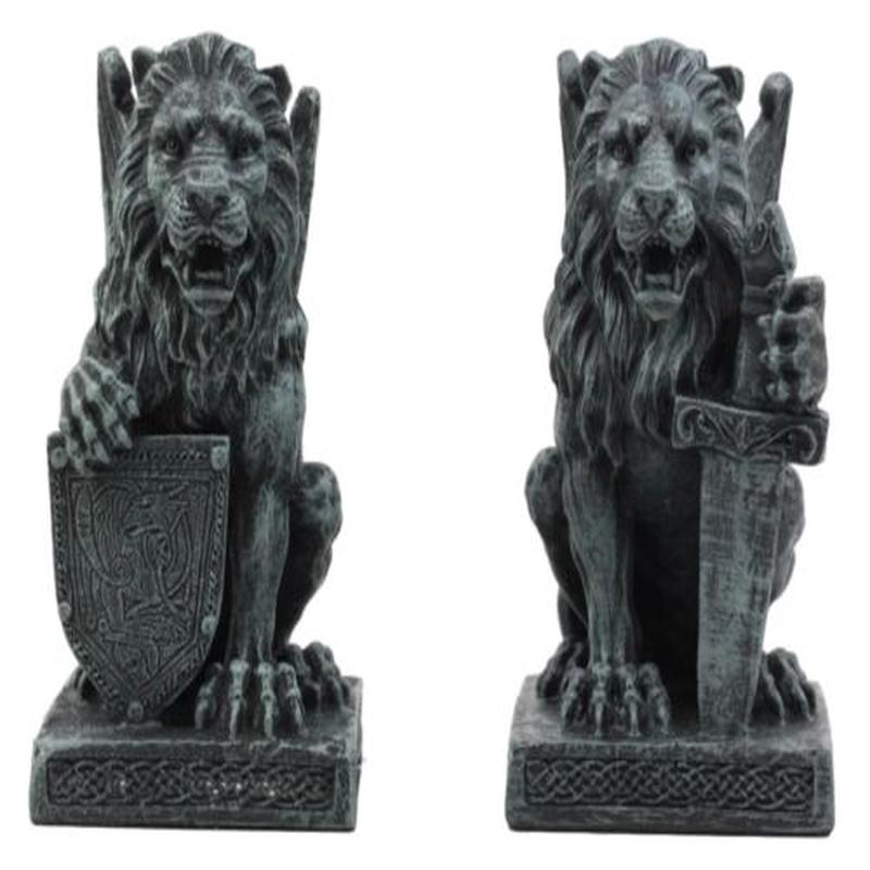 Ebros Stoic Notre Dame Roaring Lion Heart Sword & Shield Bearer Gargoyle Figurine Set