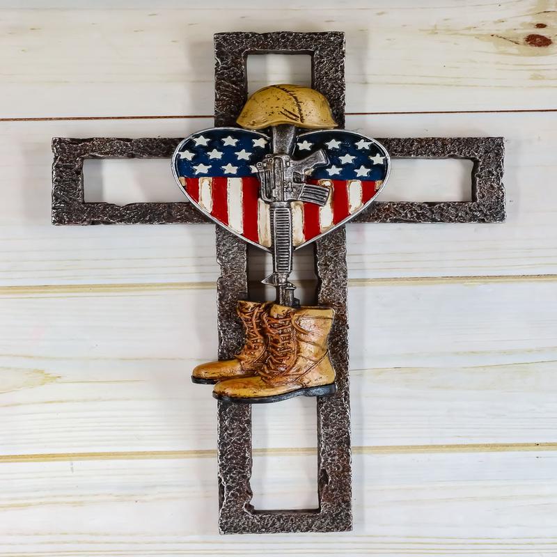 Ebros Western USA Flag Military Patriotic Fallen Soldier Memorial Wall Cross