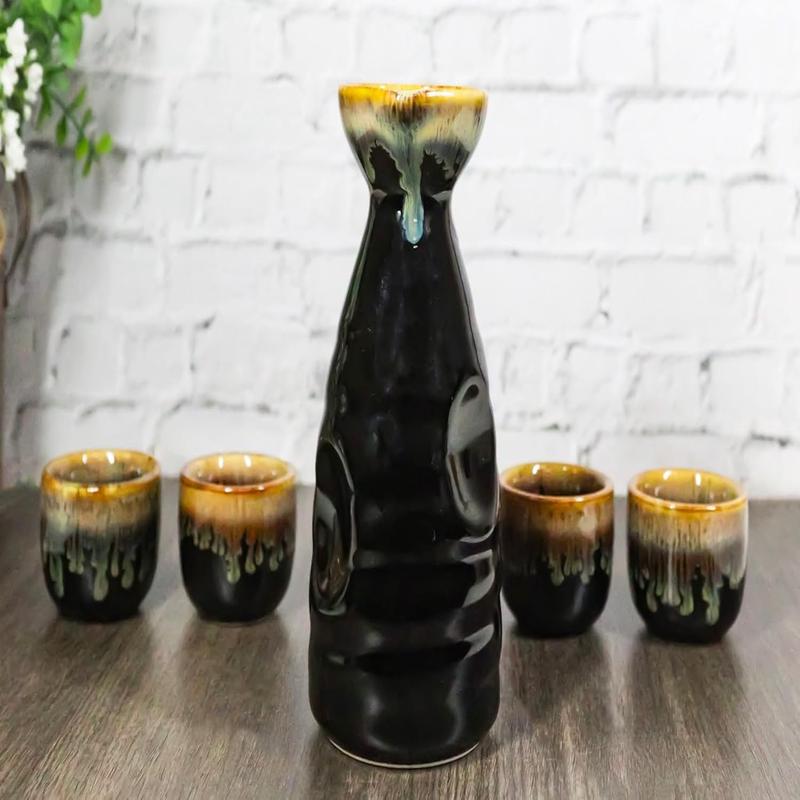 Glazed Ceramic Brown White Waterfall Japanese Sake Tokkuri Flask And 4 Cups Set