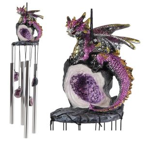 Medieval Purple Dragon Guarding Topaz Crystal Geode Rock Figurine Wind Chime