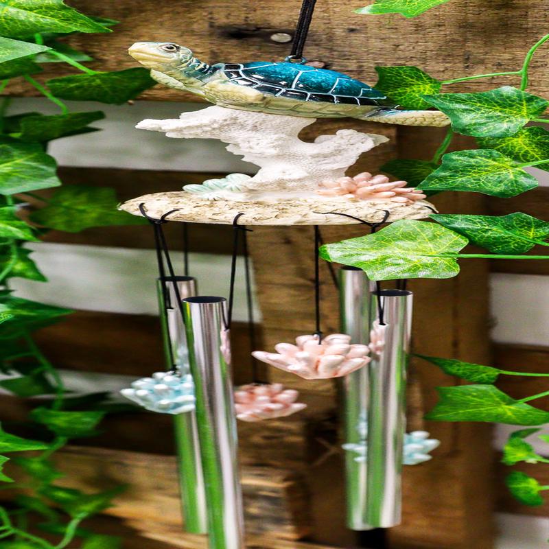 Nautical Reptile Kingdom Sea Turtle Swimming Over Corals Garden Wind Chime Decor