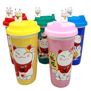 Ebros Gift Multi Colored Lucky Cat Maneki Neko Ceramic Tall Drink Mug Cup With Silicone Lid Set of 5