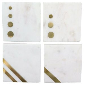 Ebros Gift White Banswara Marble with Gold Metal Accents 4 Piece Coaster Set Drink Coasters 4" Wide Furniture Protector Decorative Home Accent