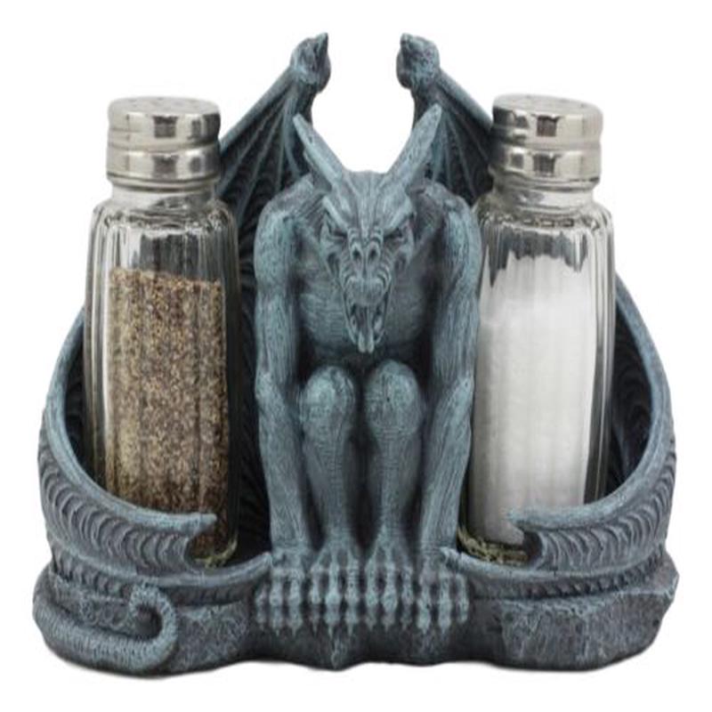 Ebros Gothic Abaddon Crouching Winged Gargoyle Salt And Pepper Shakers Holder Figurine Set 6.5" Long Fantasy Kitchen Decor Statue