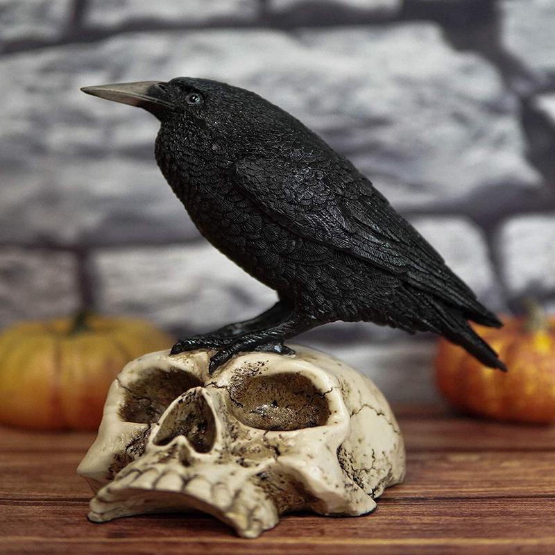 Ebros Gothic Raven Perching On Skull Statue 7.25" High Crow Scavenger Figurine