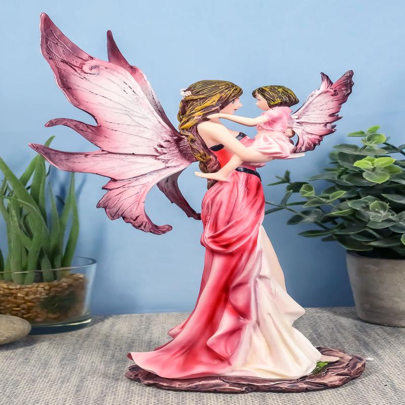 Ebros I Love You Pastel Magenta Pink Fairy Mother Carrying Child Daughter Statue Faery Garden Fantasy Collector Figurine