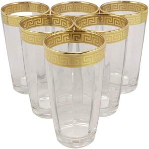 Ebros Italian Import Gold Accent Greek Fret Key Rim 16oz Highball Glass Set of 6