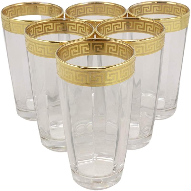 Ebros Italian Import Gold Accent Greek Fret Key Rim 16oz Highball Glass Set of 6