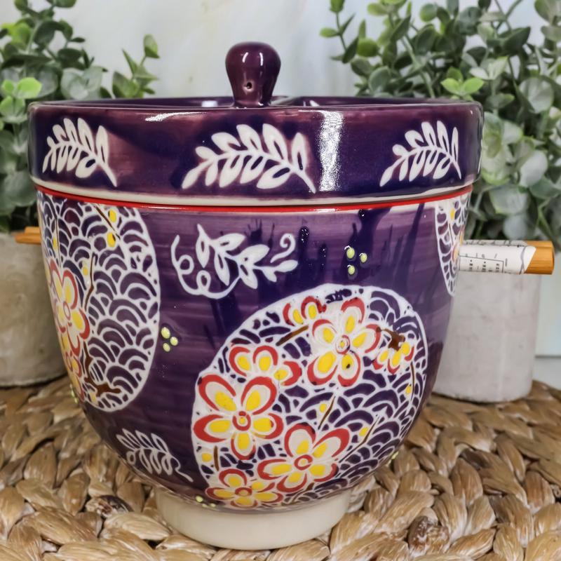 Ebros Japanese Dining Tempura Udon Noodles And Tentsuyu Dipping Sauce Large 6"D Bowl With Condiment Divider Lid And Built In Chopsticks Rest With Bamboo Chopsticks Set (Blue Japanese Stork)