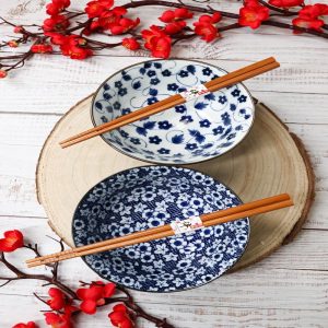Ebros Japanese Vintage Floral Blue White Design Ceramic Bowl Set of 2 With Chopsticks