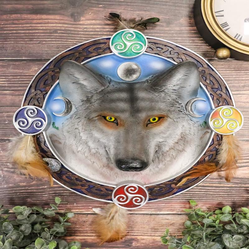 Ebros Large 12" Diameter Triple Goddess Triskele Trinity Celtic Alpha Wolf Round Dreamcatcher with Feathers Wall Hanging Decor Accent Dream Catcher Decoration Hanger for Home and Office Talisman