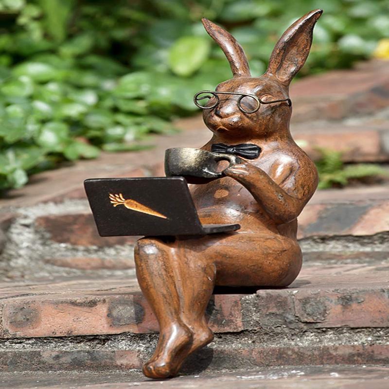 Ebros Large 14" Tall Aluminum Metal Whimsical Rabbit with Carrot Laptop On Coffee Break Garden Ledge Shelf Table Edge Sitter Statue Bunny Rabbits Rustic Cottage Lawn Pool Patio Decorative Figurine