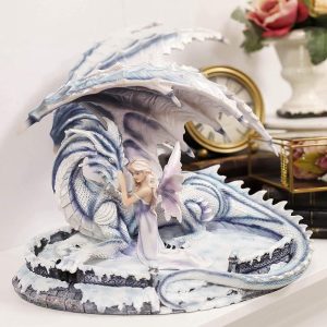 Ebros Large 15" Long Winter Blizzard Fairy with Giant White Dragon Statue