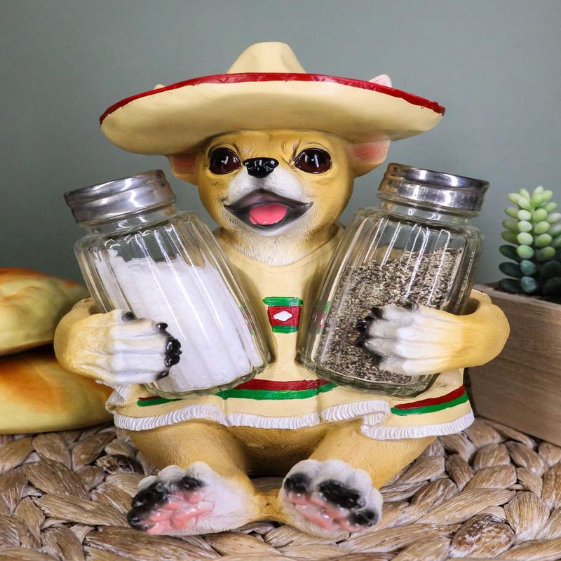 Ebros Mexican Chihuahua With Sombrero Hat And Serape Salt Pepper Shakers Holder 7"H