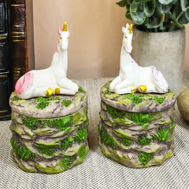 Ebros Pastel Blue And Pink Unicorns Sitting On Stone Garden Jewelry Box Figurines Set