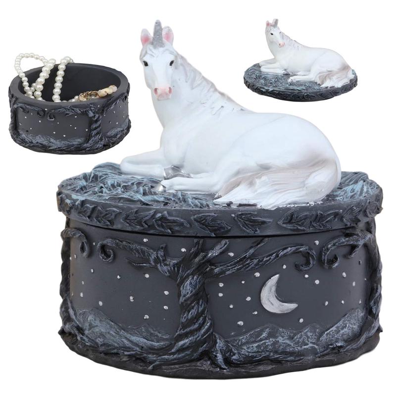 Ebros White Unicorn Starry Night Round Jewelry Box 5.25" H Unicorns Trinket Box