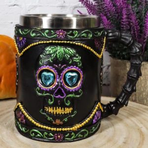 Gothic Black Day of The Dead Sugar Skull Mug Silhouette In Bright Floral Colors