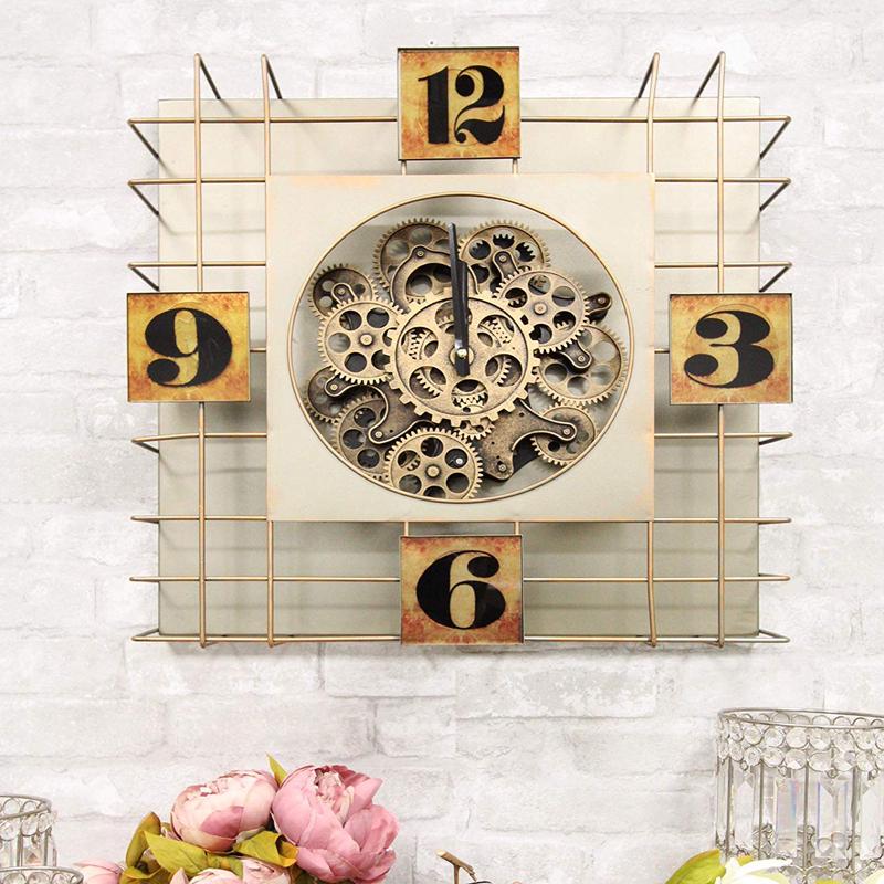 Large 19" Modern Steampunk Industrial Cage Design Moving Gears Metal Wall Clock