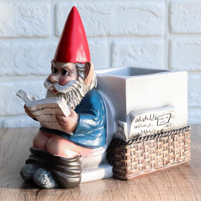 Constipated Mr Gnome With Pants Down By Toilet Bowl Stationery Holder Figurine
