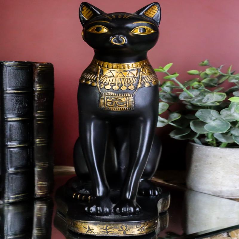 Ebros Black And Gold Egyptian Goddess Bastet Cat Sitting Figurine 9"H Decor Statue