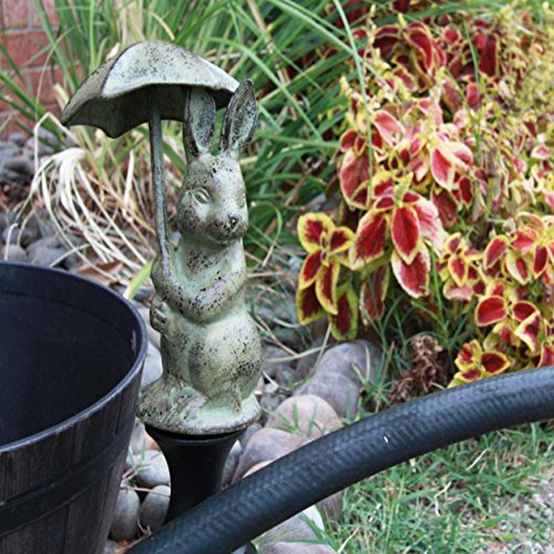 Ebros Gift Whimsical Bunny With Umbrella Aluminum Hose Guard Guide Garden Stake 17.5"H
