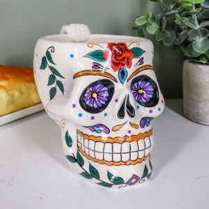 Ebros Gift White Tribal Day of The Dead Red Rose Sugar Skull Drink Coffee Mug Cup Ceramic 6.25"H