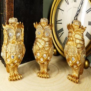 Ebros Golden See Hear Speak No Evil 3 Wise Owls with Royal Crowns and Crystals Figurine Decor Set Wisdom of The Woods Wise Great Horned Owls Collectible Statues