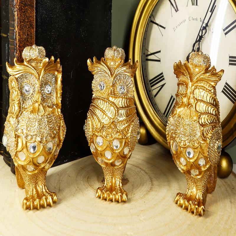 Ebros Golden See Hear Speak No Evil 3 Wise Owls with Royal Crowns and Crystals Figurine Decor Set Wisdom of The Woods Wise Great Horned Owls Collectible Statues