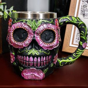Ebros Gothic Black Red Pink Green Day of The Dead Sugar Skull Mug 12 Oz