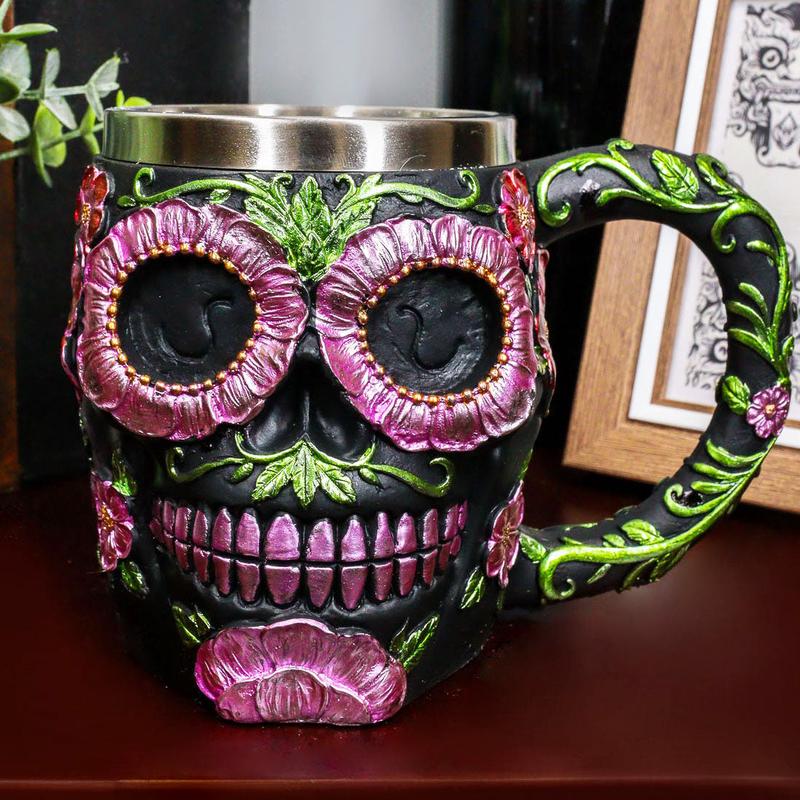 Ebros Gothic Black Red Pink Green Day of The Dead Sugar Skull Mug 12 Oz
