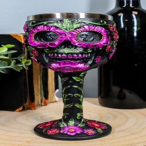 Ebros Gothic Black Red Pink Green Day of The Dead Sugar Skull Wine Goblet 7oz