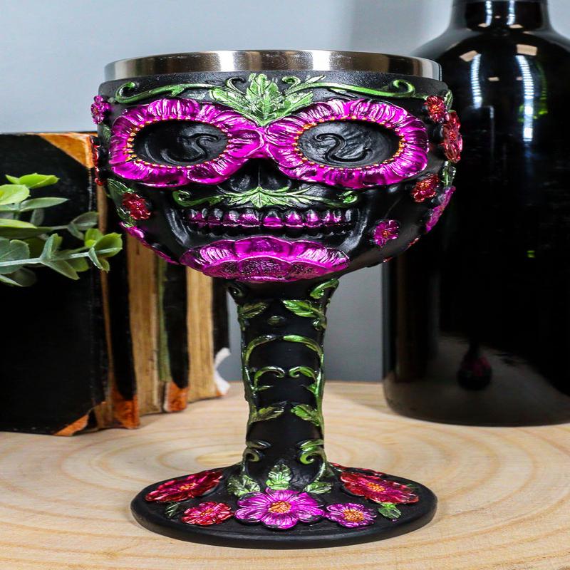 Ebros Gothic Black Red Pink Green Day of The Dead Sugar Skull Wine Goblet 7oz