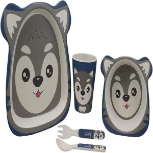 Ebros Gray Wolf 5 Piece Organic Bamboo Dinnerware Set For Kids Children Toddler