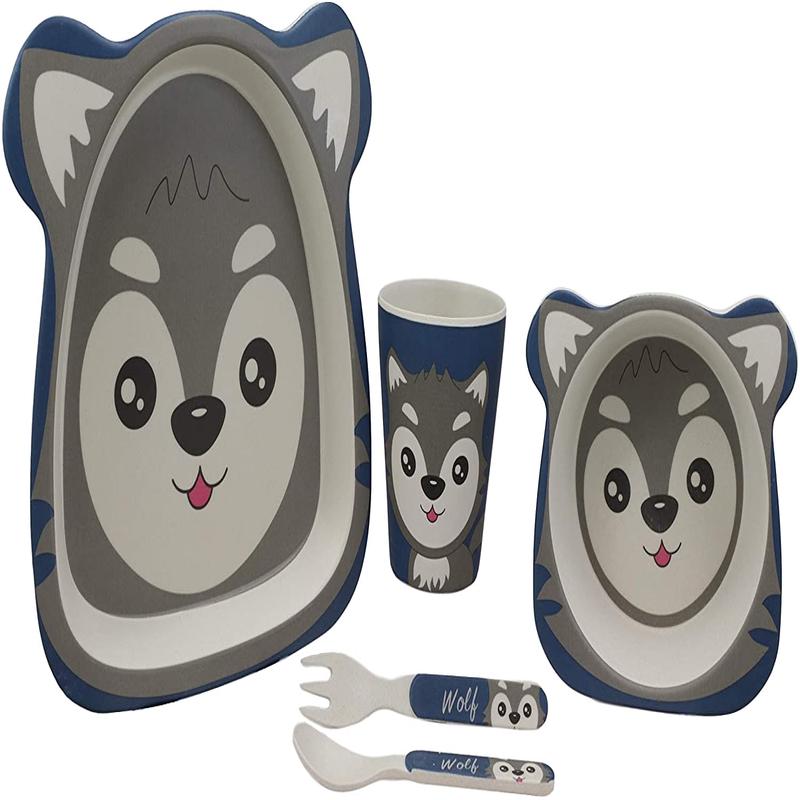 Ebros Gray Wolf 5 Piece Organic Bamboo Dinnerware Set For Kids Children Toddler