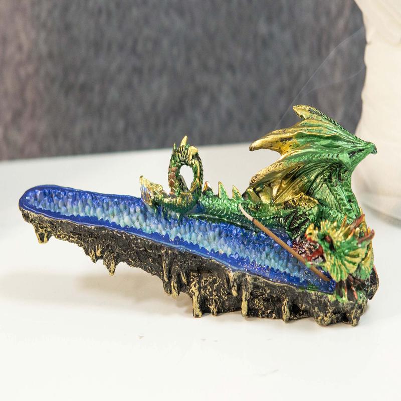 Ebros Green Jade Dragon Guarding Blue Quartz Crystal Quarry River Incense Burner