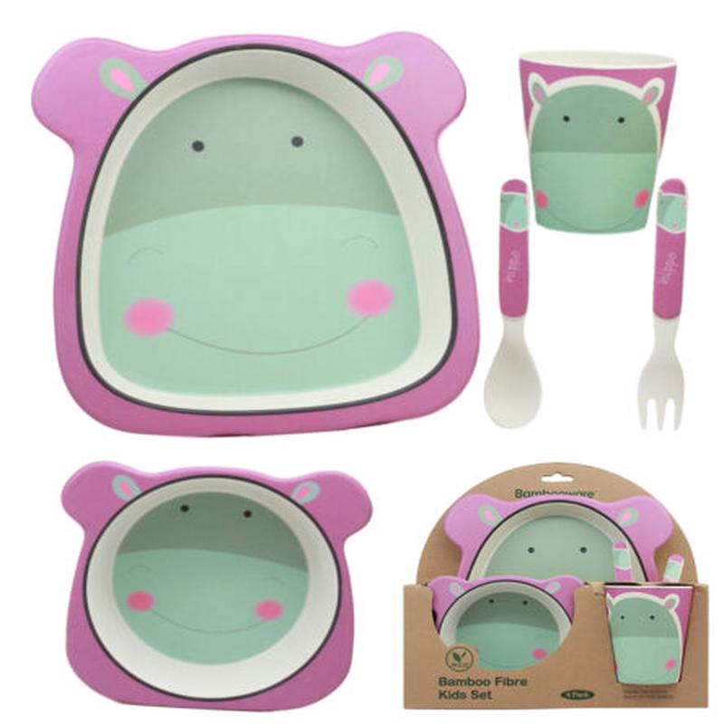 Ebros Hippo 5 Piece Organic Bamboo Dinnerware Set For Kids Children Toddler Baby