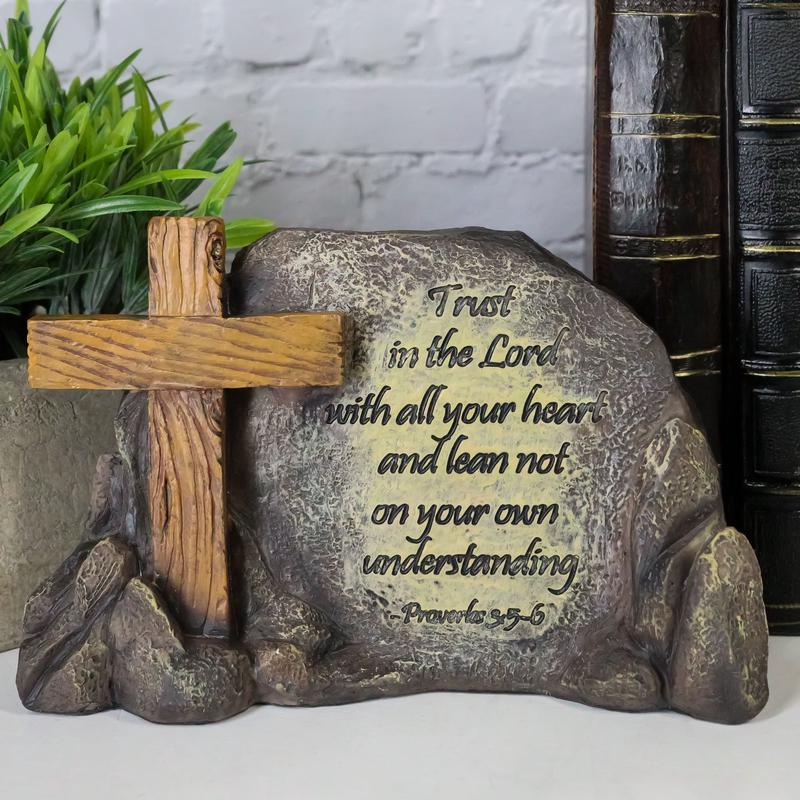 Ebros Inspirational Stony Hill Old Rugged Cross Figurine 7" L with Bible Verse Proverbs 3"Trust in The Lord with All Your Heart Religious Scriptural Decor for Desktop Shelves Study